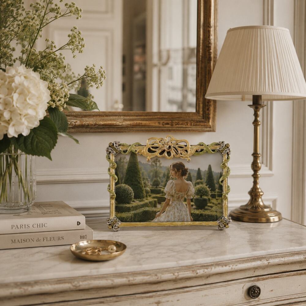 Sicura Enamel Photo Frame Crystal Bead Ornate Shabby French Country Cottage 6x4